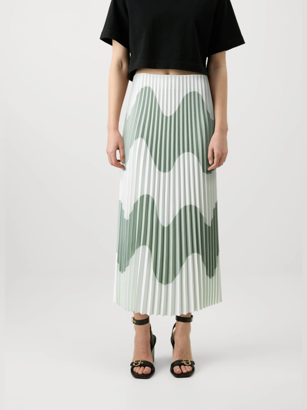 Marimekko Pleated Wave-Pattern Midi Skirt in Sage and White